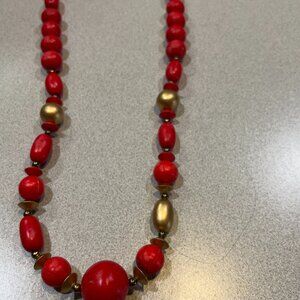 Bright red and gold wooden beaded necklace